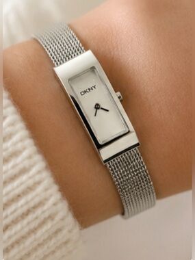 DKNY Silver Rectangular Mesh Bracelet Watch with White Dial Stainless Steel